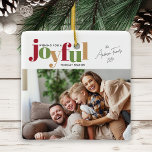 Adorno De Cerámica Joyful 2 Navidades de fotografía<br><div class="desc">Un adorno navideño fotográfico con la palabra "alegre" en un texto lúdico y colores festivos. El diseño ofrece espacio para una foto en la parte delantera y otra en la parte trasera.</div>