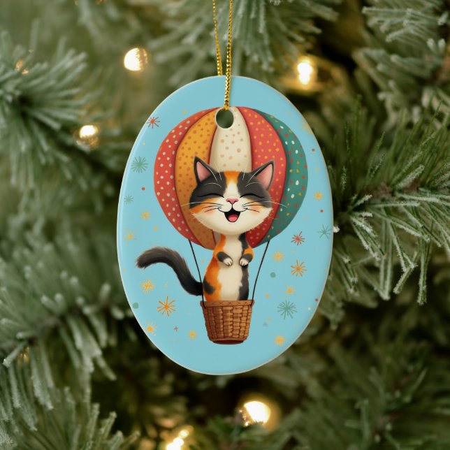 Adorno De Cerámica Joyful Calico Cat Sky Adventure Ilustracion (Árbol)