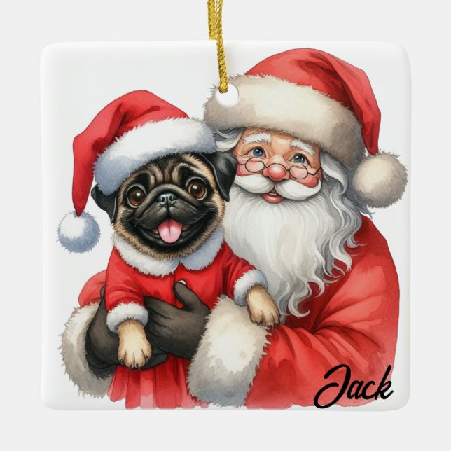 Adorno De Cerámica Joyful Pug Dog con Santa (Anverso)