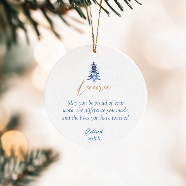 Adorno De Cerámica Jubilación de árbol de Navidad de la Pagoda Azul 1 (Blue Pagoda Christmas Tree Retirement 1-Photo Ceramic Ornament)