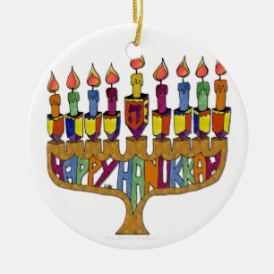 Adorno De Cerámica Judaica Feliz Hanukkah Trompo Menorá