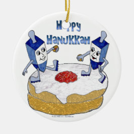 Adorno De Cerámica Judaica Happy Hanukkah Dancing Dreidels Doughnut