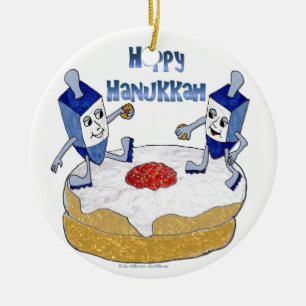 Adorno De Cerámica Judaica Happy Hanukkah Dancing Dreidels Doughnut