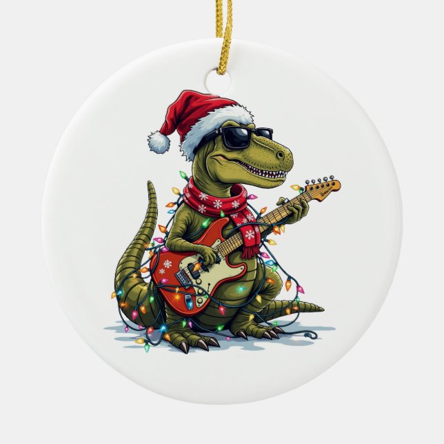 Adorno De Cerámica Jugador de guitarra de dinosaurio navidad (Frente)