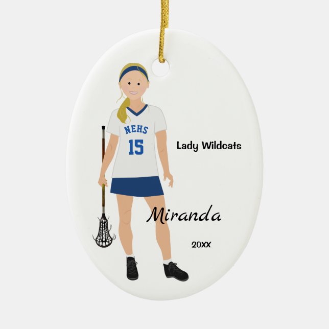 Adorno De Cerámica Jugador femenino rubio de LaCrosse en azul y (Frente)