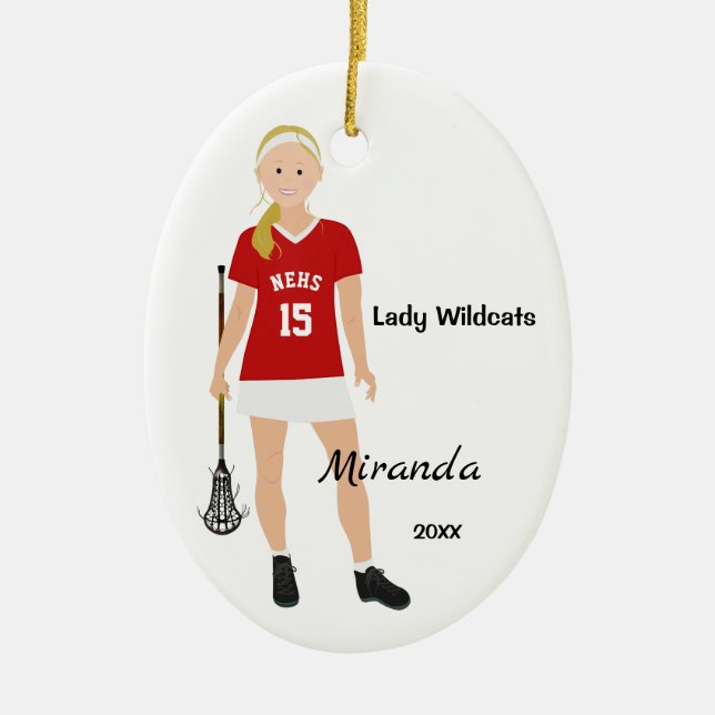 Adorno De Cerámica Jugador femenino rubio de LaCrosse en rojo y (Frente)