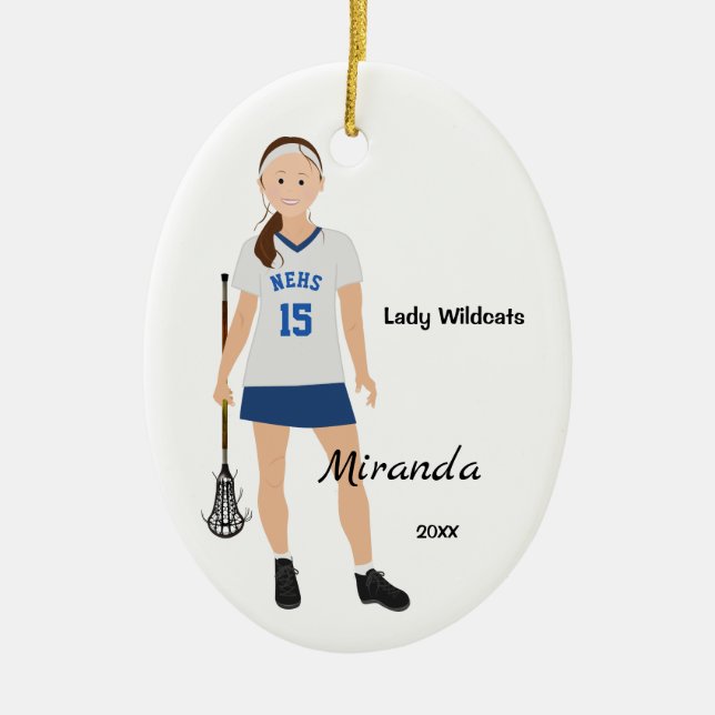 Adorno De Cerámica Jugador femenino trigueno de LaCrosse en azul y (Frente)
