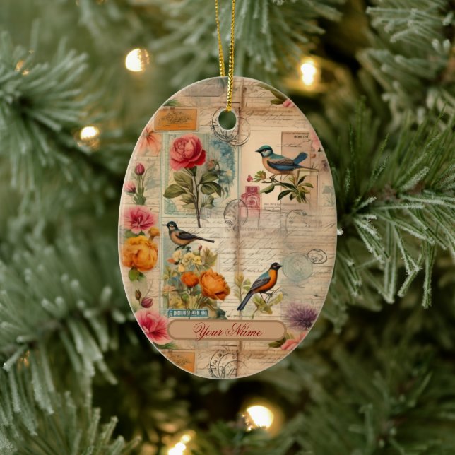 Adorno De Cerámica Junk Journal Seite mit Blumen + Vögel -  (Árbol)