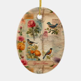 Adorno De Cerámica Junk Journal Seite mit Blumen + Vögel - 