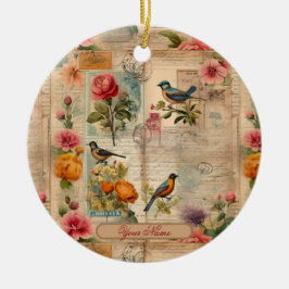 Adorno De Cerámica Junk Journal Seite mit Blumen + Vögel - 