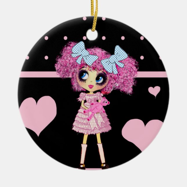 Adorno De Cerámica Kawaii Chica PinkyP corazones rosados negros (Frente)
