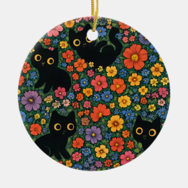 Adorno De Cerámica Kawaii Garden Art | Cute Black Cat Floral Pattern (Frente)