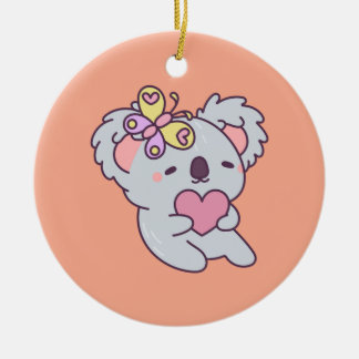 Adorno De Cerámica Kawaii Koala with Heart and Butterfly