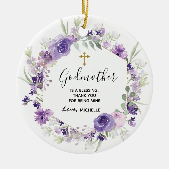 Adorno De Cerámica Keepsake geométrico Floral Purple Godparent (Frente)