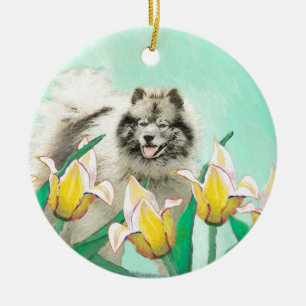 Adorno De Cerámica Keeshond en tulipanes pintando arte original del p