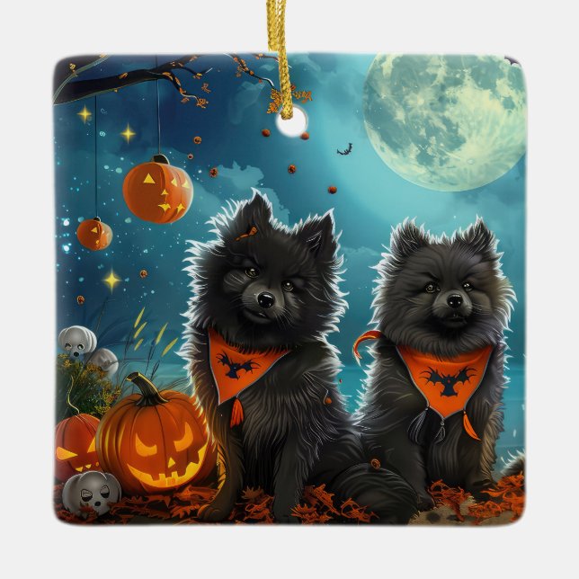 Adorno De Cerámica Keeshond Halloween Spooky (Anverso)