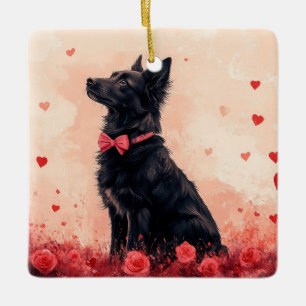 Adorno De Cerámica Kelpie australiano con rosas - Día de San Valentín