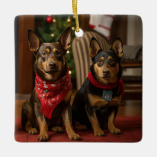 Adorno De Cerámica Kelpie australiano junto a la chimenea en Navidad