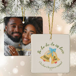 Adorno De Cerámica Kitschy Bell Primera Navidad Comprometido Keepsake<br><div class="desc">La primera Navidad comprometió un adorno personalizado de keepsake con foto en la parte trasera. Creado a partir de las campanas de color kitschy dibujadas a mano y arco. Arte original de Leslie Larson.</div>