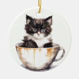 ADORNO DE CERÁMICA KITTEN BLANCO Y NEGRO EN TEACUP