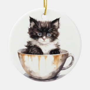 ADORNO DE CERÁMICA KITTEN BLANCO Y NEGRO EN TEACUP
