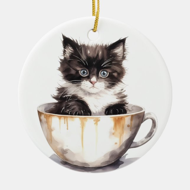 ADORNO DE CERÁMICA KITTEN BLANCO Y NEGRO EN TEACUP (Frente)