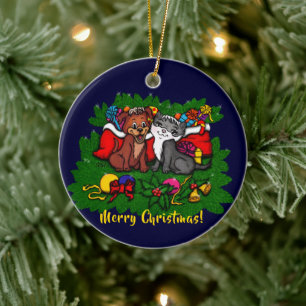 Adorno De Cerámica Kitty and Puppy , Happy XMas