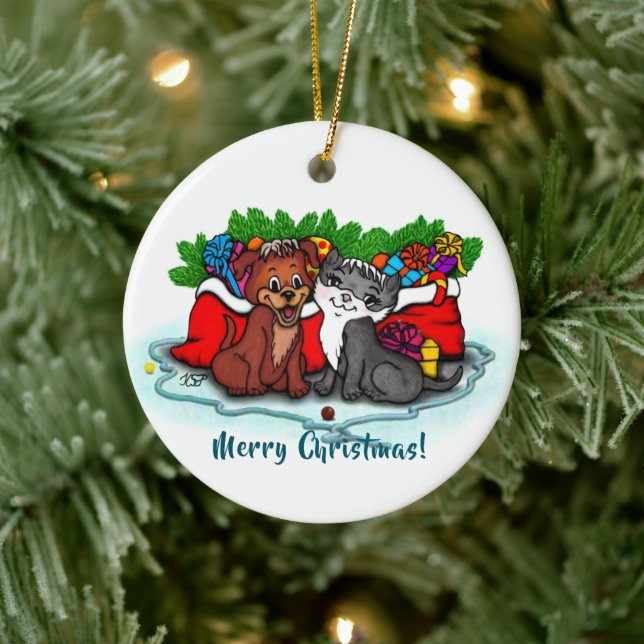 Adorno De Cerámica Kitty and Puppy , Happy XMas (Árbol)