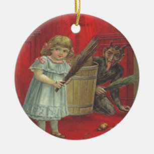 Adorno De Cerámica Krampus Jugando Con Una Niña