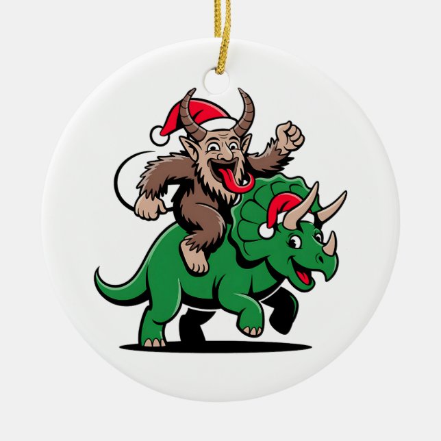 Adorno De Cerámica Krampus Montando Un Dinosaurio Santa Navidades Mal (Frente)