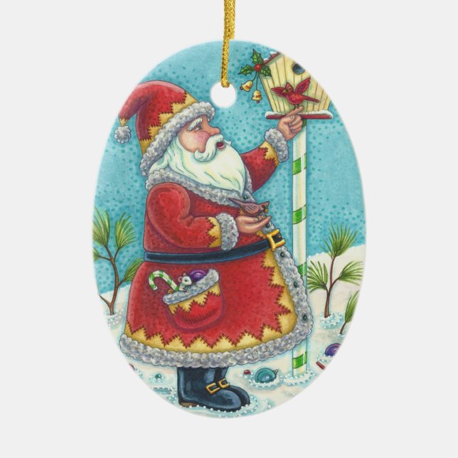 ADORNO DE CERÁMICA KRIS KRINGLE REDBIRDS BIRDHOUSE CHRISTMAS ORNAMENT (Frente)