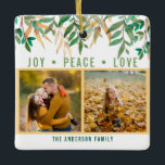 Adorno De Cerámica La acuarela deja un Collage de fotos verde y amari<br><div class="desc">Imagen moderna adorno navideño con Joy Peace Love Family en ella,  así como 2 imágenes. El adorno presenta hojas de acuarela en verde y amarillo.</div>
