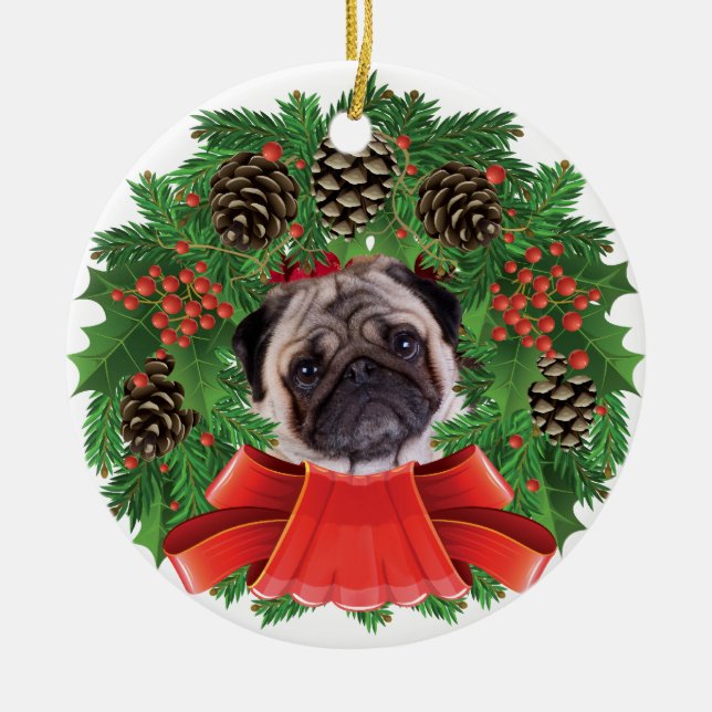 Adorno De Cerámica La guirnalda navideña de los Navidades Pug (Frente)