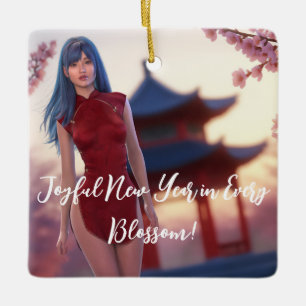 Adorno De Cerámica La joven belleza de Cheongsam posando para el Año