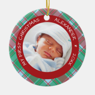 Adorno De Cerámica La primera foto de Navidad de Plaid I Baby