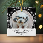 Adorno De Cerámica La primera foto de Navidad del bebé, Polka Dot Bla<br><div class="desc">Un regalo perfecto para los nuevos padres o recién nacidos. Personalizar con tu foto. Si necesita ajustar la foto o el tipo,  haga clic en el botón PERSONALIZAR ESTO arriba.</div>