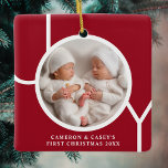 Adorno De Cerámica La primera foto de un Personalizado de Navidad gem<br><div class="desc">El adorno de fotos de los Navidades de quebete de este gemelo está decorado con la palabra JOY en tipografía blanca en un fondo rojo. Personalizable fácil con tu foto,  nombre y año.</div>