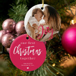 Adorno De Cerámica La primera foto del personalizado de Navidad del b<br><div class="desc">Sube tu foto favorita (preferiblemente cuadrada),  inserta tu texto,  nombre y fecha,  y haz que este moderno y moderno adorno de árbol de Navidad rosado sea un regalo para recordarte a ti y a tu pequeña de tu primera Navidad juntos!</div>