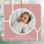 Adorno De Cerámica La primera foto rosa de Navidad de una niña bebé<br><div class="desc">Este sencillo ornamento de fotos de la primera navidad de una niña pequeña está decorado con la palabra JOY en un fondo rosado. Personalizable fácil con tu foto,  nombre y año.</div>