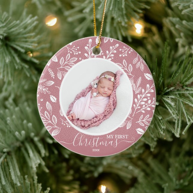 Adorno De Cerámica La primera foto rosa de Navidad del bebé (Árbol)