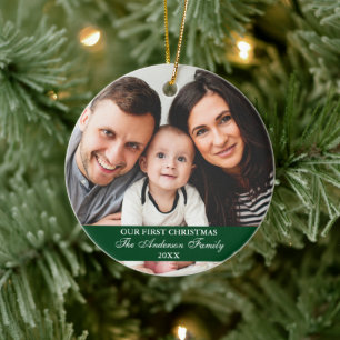 Adorno De Cerámica La primera foto verde de la familia navideña