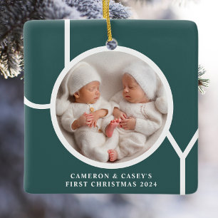 Adorno De Cerámica La primera foto verde del Personalizado de Navidad