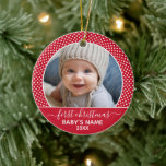 Adorno De Cerámica La primera fotografía navideña del bebé caligrafía<br><div class="desc">Un regalo perfecto para una pareja recién casada o recién nacido. Personalizar con tu foto. Si necesita ajustar la foto o el tipo,  haga clic en el botón PERSONALIZAR ESTO arriba.</div>