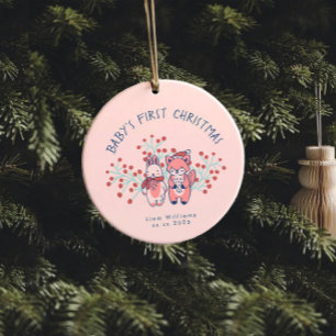 Adorno De Cerámica La primera Navidad de bebé, amigos del bosque