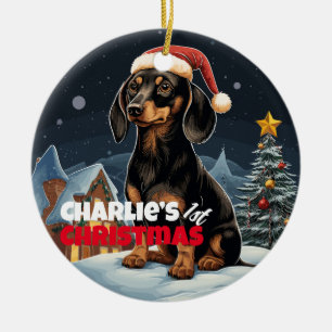 Adorno De Cerámica La primera Navidad de Dachshund