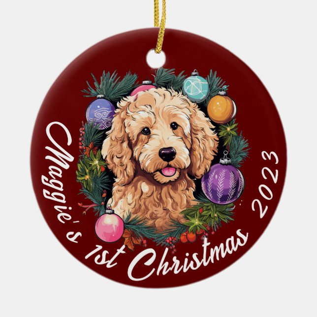 Adorno De Cerámica La primera Navidad de Goldendoodle (Frente)