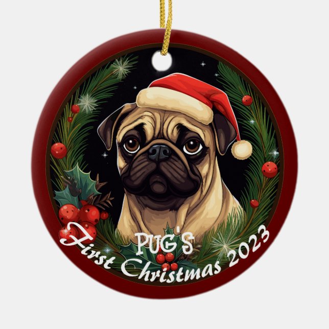 Adorno De Cerámica La primera Navidad de Pug (Frente)