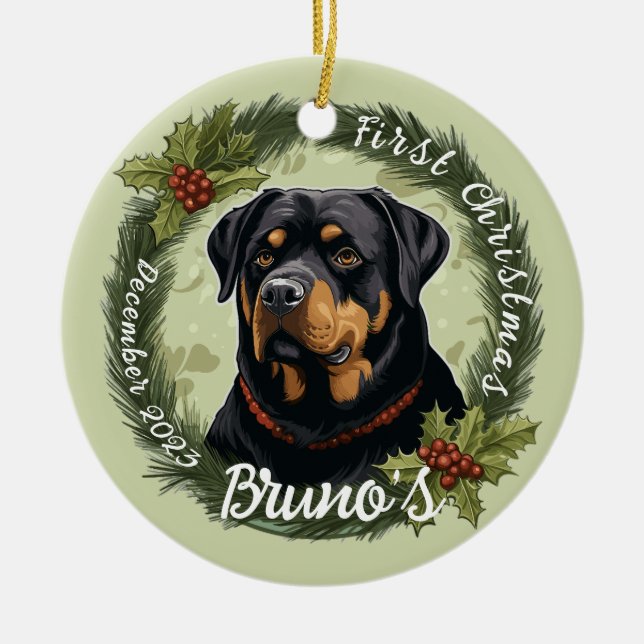 Adorno De Cerámica La primera Navidad de Rottweiler (Frente)
