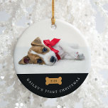 Adorno De Cerámica La primera Navidad de tu perro | Carbón con fotos<br><div class="desc">Este adorable adorable adorno navideño dice el nombre de su perro,  ¡y que es su primera Navidad! Puedes añadir el año en el centro del hueso de perro lindo,  y añadir la foto de tu cachorro al frente y otra en la parte posterior.</div>