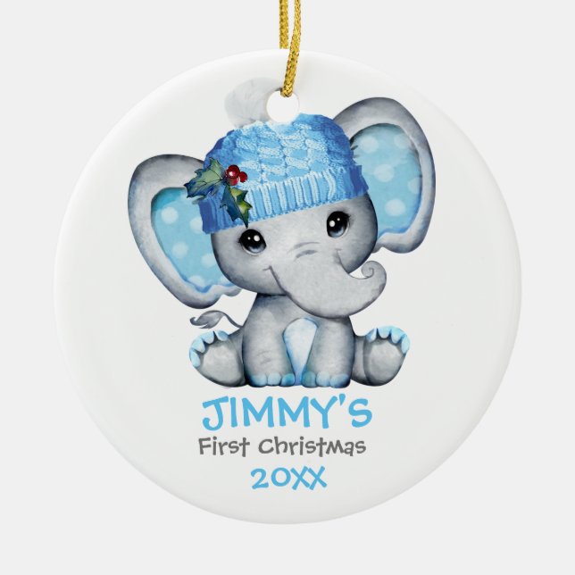 Adorno De Cerámica La primera Navidad de un bebé elefante lindo (Frente)